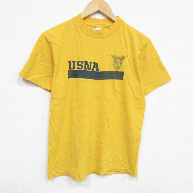 M★古着 ヘインズ Hanes 半袖 ビンテージ Tシャツ メンズ 80年代 80s ミリタリー USNA コットン クルーネック USA製 黄 イエロー 【spe】 25aug09 中古