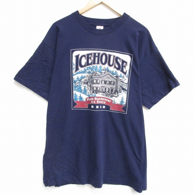 XL★古着 フルーツオブザルーム 半袖 ビンテージ Tシャツ メンズ 90年代 90s ビール 大きいサイズ コットン クルーネック USA製 紺 ネイビー 25aug12 中古