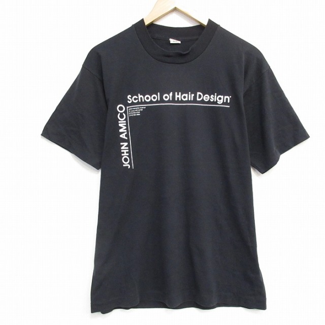 【50%OFF】M★古着 半袖 ビンテージ Tシャツ メンズ 80年代 80s ヘアデザイン クルーネック USA製 黒 ブラック 25aug12 中古