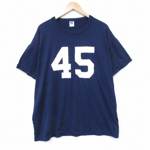 XL★古着 ラッセル 半袖 ビンテージ Tシャツ メンズ 80年代 80s 45 大きいサイズ クルーネック USA製 紺 ネイビー 【spe】 25aug12 中古