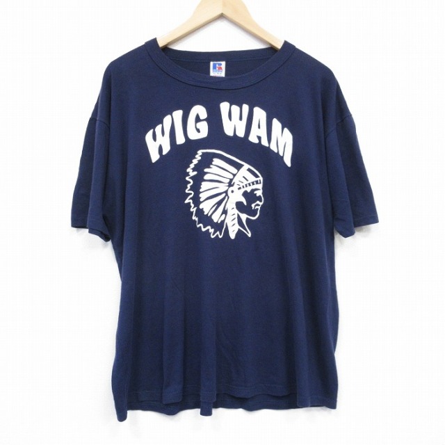 XL★古着 ラッセル 半袖 ビンテージ Tシャツ メンズ 80年代 80s インディアン 大きいサイズ クルーネック USA製 紺 ネイビー 【spe】 25aug13 中古