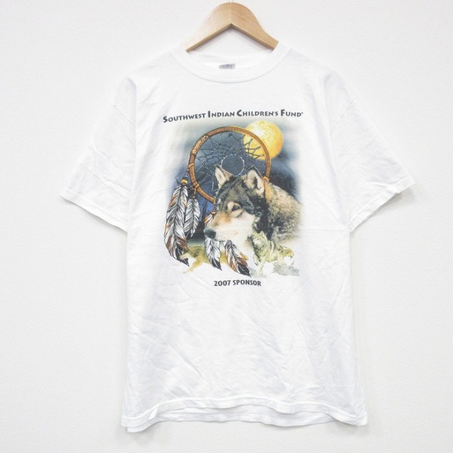 L★古着 半袖 ビンテージ Tシャツ メンズ 00年代 00s オオカミ コットン クルーネック 白 ホワイト 25aug13 中古