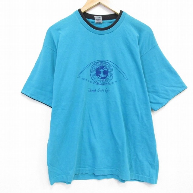 【50%OFF】XL★古着 フルーツオブザルーム 半袖 ビンテージ Tシャツ メンズ 90年代 90s 目 コットン クルーネック USA製 青緑 【spe】 25aug18 中古