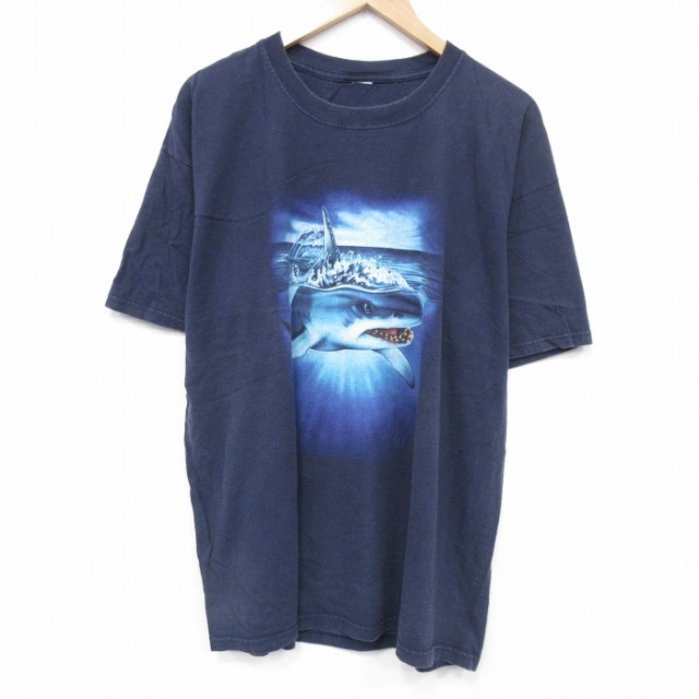 【20%OFF】XL★古着 半袖 ビンテージ Tシャツ メンズ 00年代 00s サメ 大きいサイズ クルーネック 紺 ネイビー 25aug19 中古