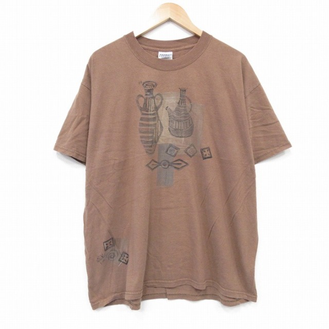 【20%OFF】XL★古着 半袖 ビンテージ Tシャツ メンズ 00年代 00s 壺 大きいサイズ コットン クルーネック 茶 ブラウン 25aug23 中古