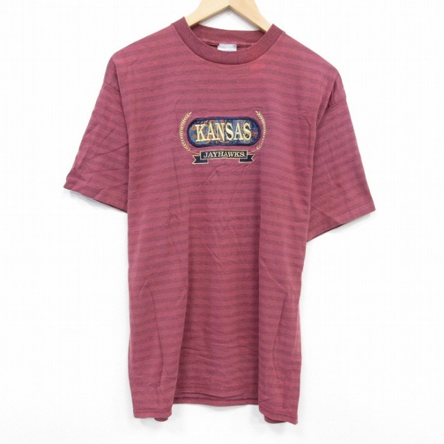 00s 半袖Tシャツ カンザスジェイホークス刺繍 バーガンディボーダー L | 古着