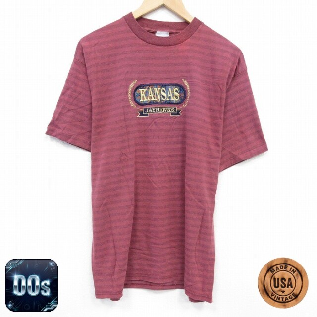 00s 半袖Tシャツ カンザスジェイホークス刺繍 バーガンディボーダー L | 古着