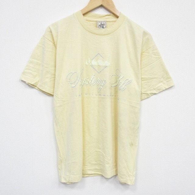 【50%OFF】L★古着 半袖 ビンテージ Tシャツ メンズ 90年代 90s ミシガン コットン クルーネック USA製 薄黄 イエロー 25aug28 中古