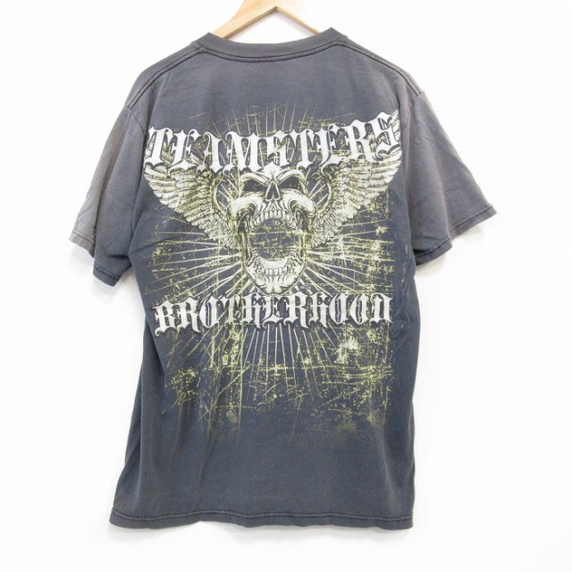 【20%OFF】XL★古着 半袖 Tシャツ メンズ スカルウィング 胸ポケット付き クルーネック 黒 ブラック 25aug30 中古