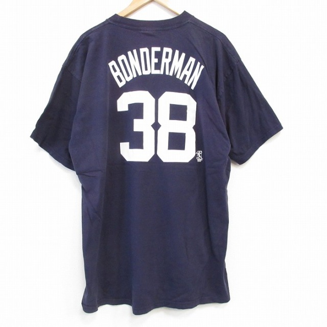 XL★古着 マジェスティック 半袖 ビンテージ Tシャツ メンズ 00年代 00s MLB デトロイトタイガース ジェレミーボンダーマン 38 大きいサイズ ロング丈 コットン クルーネック 紺 ネイビー メジャーリーグ ベースボール 野球 25aug30 中古