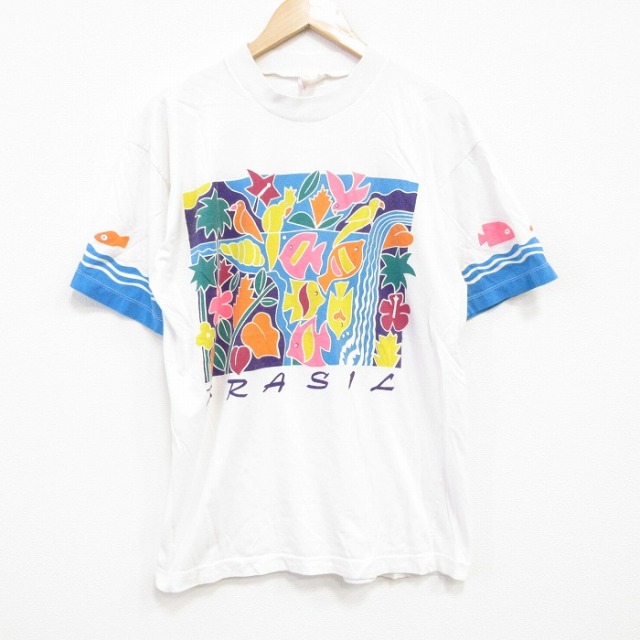 【50%OFF】L★古着 半袖 ビンテージ Tシャツ メンズ 90年代 90s 魚 コットン クルーネック 白 ホワイト 25aug30 中古