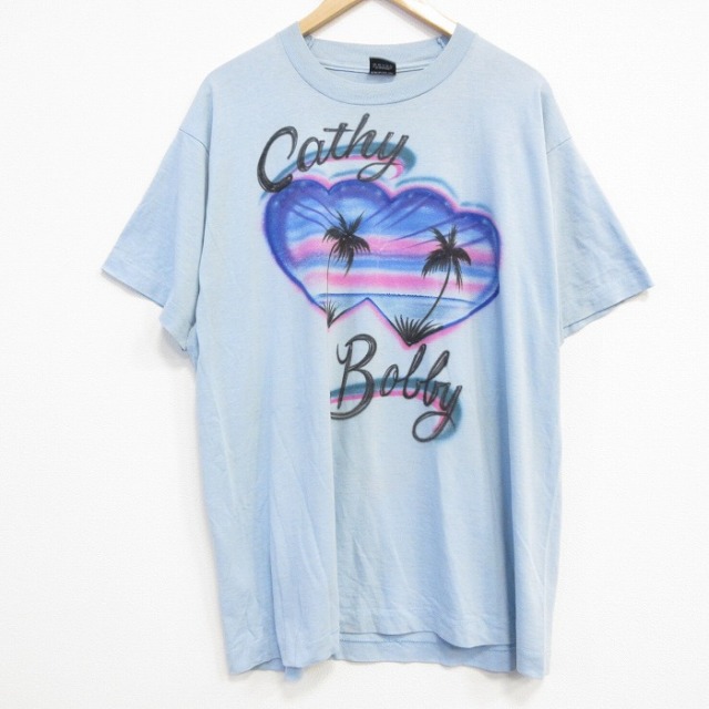 【50%OFF】XL★古着 スクリーンスターズ 半袖 ビンテージ Tシャツ メンズ 80年代 80s ヤシの木 エアブラシ 大きいサイズ クルーネック USA製 薄水色 25aug30 中古