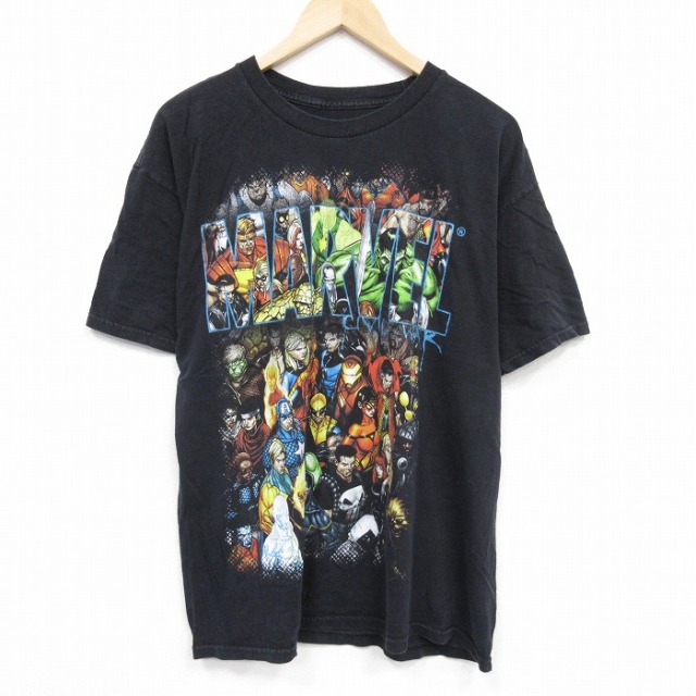 XL★古着 半袖 Tシャツ メンズ マーベル スパイダーマン アイアンマン コットン クルーネック 黒 ブラック 25sep01 中古
