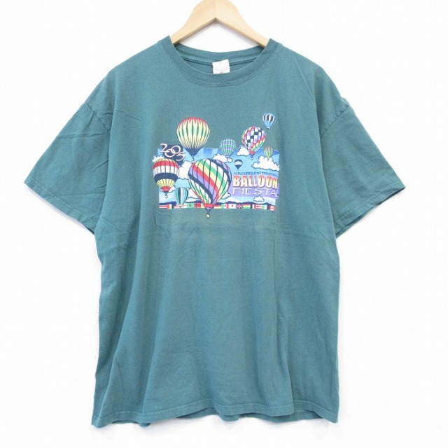 【20%OFF】XL★古着 半袖 ビンテージ Tシャツ メンズ 00年代 00s 気球 大きいサイズ コットン クルーネック 薄緑 グリーン 25sep02 中古