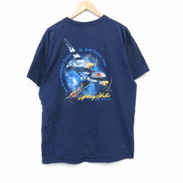 XL★古着 半袖 ビンテージ Tシャツ メンズ 00年代 00s 戦闘機 大きいサイズ コットン クルーネック 紺 ネイビー 25sep02 中古