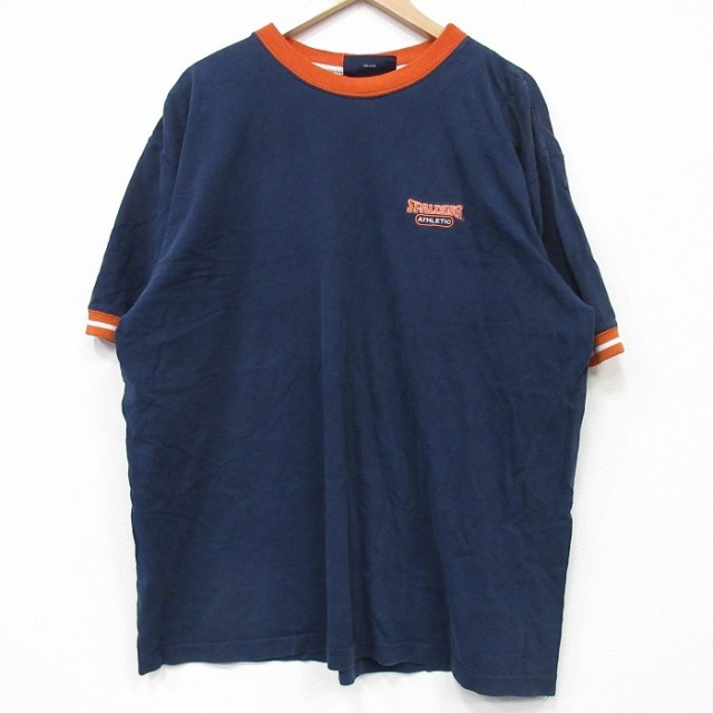 【20%OFF】XL★古着 スポルディング 半袖 ビンテージ Tシャツ メンズ 90年代 90s ワンポイントロゴ 大きいサイズ コットン クルーネック 紺 ネイビー 25sep04 中古