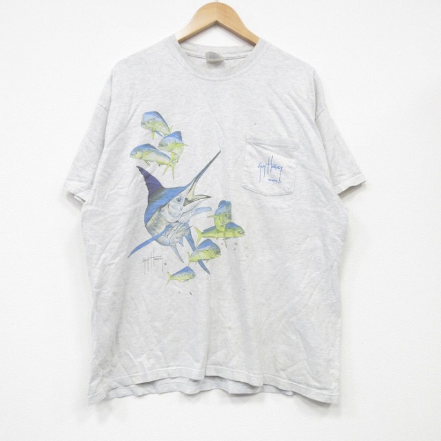 【20%OFF】XL★古着 GUY HARVEY 半袖 ビンテージ Tシャツ メンズ 90年代 90s 魚 胸ポケット付き 大きいサイズ コットン クルーネック 薄グレー 霜降り 25sep04 中古