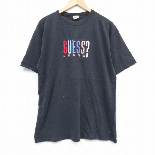 ゲス 90s 半袖Tシャツ ビッグロゴ刺繍 ブラック XL | 古着