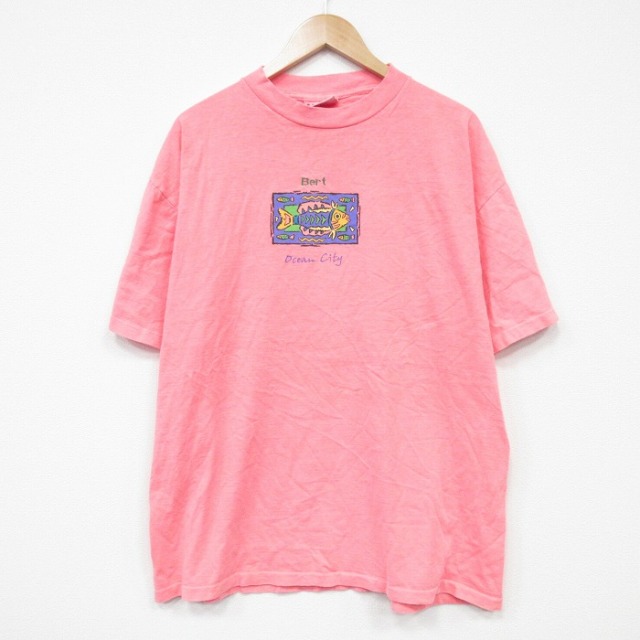 【20%OFF】XL★古着 半袖 ビンテージ Tシャツ メンズ 90年代 90s 魚 大きいサイズ コットン クルーネック USA製 ピンク 25sep06 中古