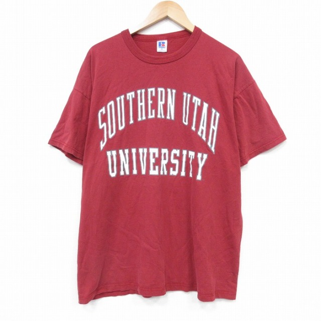 XL★古着 ラッセル 半袖 ビンテージ Tシャツ メンズ 80年代 80s サウザンユタ 大きいサイズ コットン クルーネック USA製 エンジ 25sep06 中古