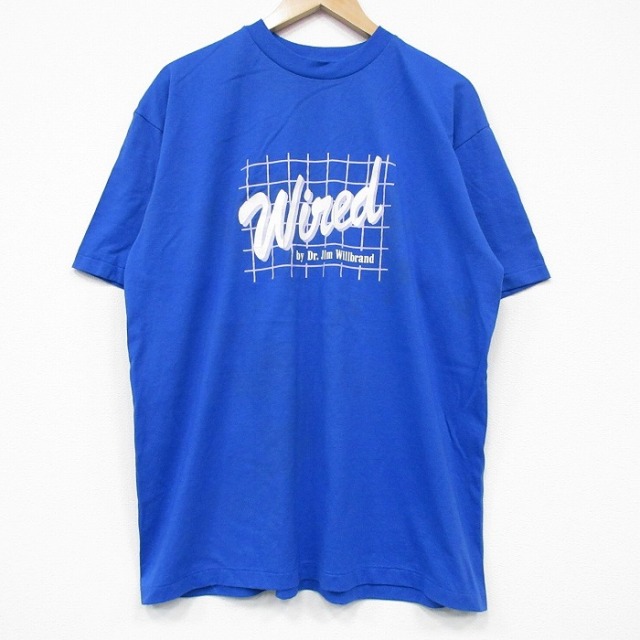 XL★古着 ヘインズ Hanes 半袖 ビンテージ Tシャツ メンズ 80年代 80s Wired クルーネック 青 ブルー 25sep08 中古