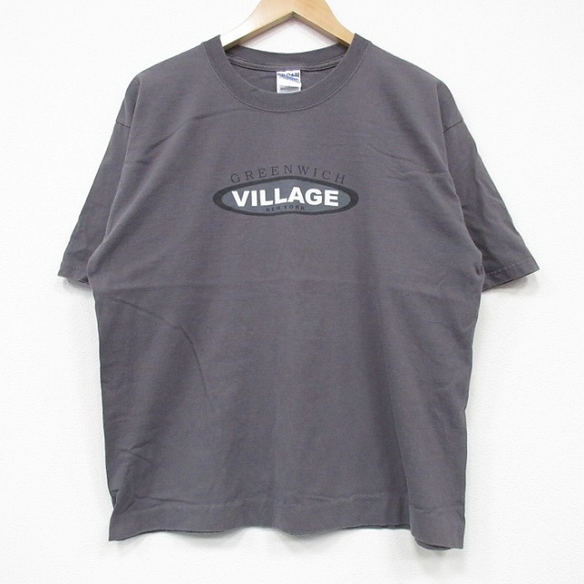 L★古着 半袖 ビンテージ Tシャツ メンズ 00年代 00s ビレッジ コットン クルーネック 濃グレー 25sep08 中古