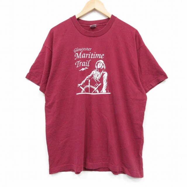 【20%OFF】XL★古着 フルーツオブザルーム 半袖 ビンテージ Tシャツ メンズ 90年代 90s Maritime コットン クルーネック USA製 エンジ 25sep09 中古