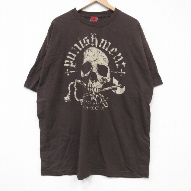 【20%OFF】XL★古着 半袖 ビンテージ Tシャツ メンズ 00年代 00s スカル 大きいサイズ コットン クルーネック こげ茶 ブラウン 25sep09 中古