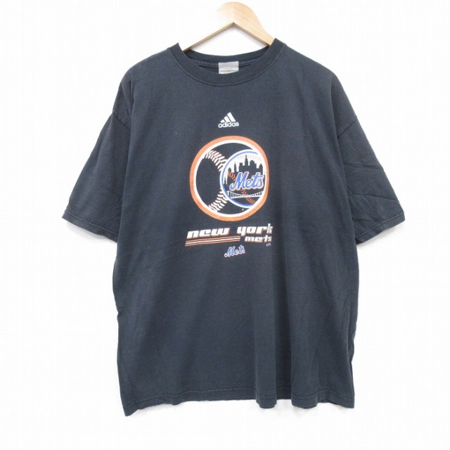 XL★古着 アディダス adidas 半袖 ビンテージ Tシャツ メンズ 00年代 00s MLB ニューヨークメッツ 大きいサイズ コットン クルーネック 黒 ブラック メジャーリーグ ベースボール 野球 25sep10 中古