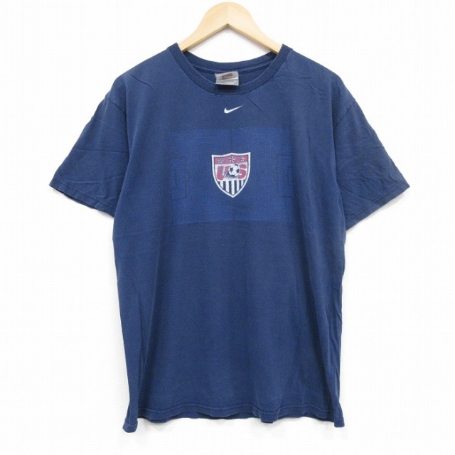 【20%OFF】L★古着 ナイキ NIKE 半袖 ビンテージ Tシャツ メンズ 00年代 00s USサッカー コットン クルーネック 紺 ネイビー 25sep10 中古