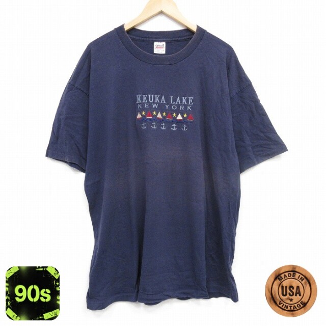ヨット刺繍 90s 半袖Tシャツ ネイビー XL | 古着