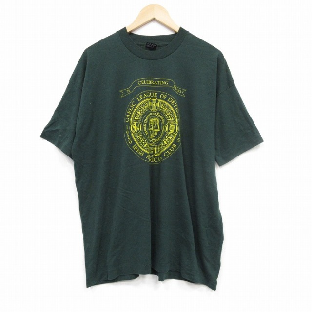 【20%OFF】XL★古着 フルーツオブザルーム 半袖 ビンテージ Tシャツ メンズ 90年代 90s アイリッシュアメリカンクラブ 大きいサイズ クルーネック USA製 濃緑 グリーン 25sep10 中古