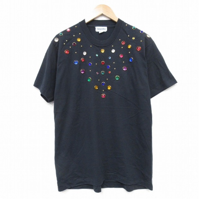 L★古着 半袖 ビンテージ Tシャツ メンズ 90年代 90s ラインストーン クルーネック USA製 黒 ブラック 【spe】 25sep10 中古