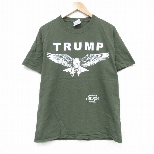 L★古着 半袖 Tシャツ メンズ トランプ大統領 コットン クルーネック 緑 グリーン 25sep10 中古