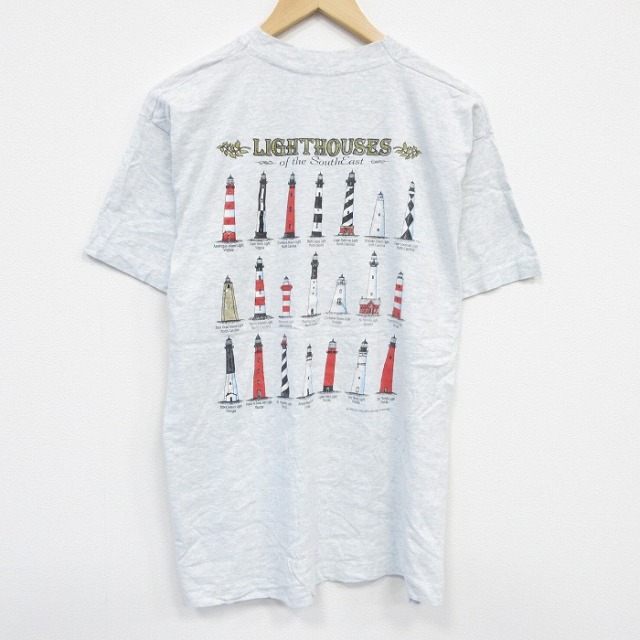 L★古着 フルーツオブザルーム 半袖 ビンテージ Tシャツ メンズ 90年代 90s 灯台 コットン クルーネック USA製 薄グレー 霜降り 【spe】 25sep11 中古