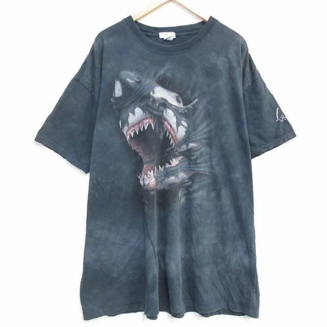XL★古着 半袖 ビンテージ Tシャツ メンズ 00年代 00s サメ 大きいサイズ ロング丈 コットン クルーネック 濃緑 グリーン タイダイ 25sep11 中古