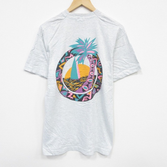 L★古着 フルーツオブザルーム 半袖 ビンテージ Tシャツ メンズ 90年代 90s ヤシの木 コットン クルーネック USA製 薄グレー 霜降り 25sep11 中古