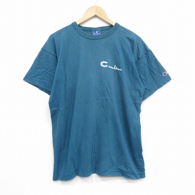 XL★古着 半チャンピオン champion 袖 ビンテージ Tシャツ メンズ 90年代 90s カロライナ コットン クルーネック USA製 青緑 25sep12 中古 半袖
