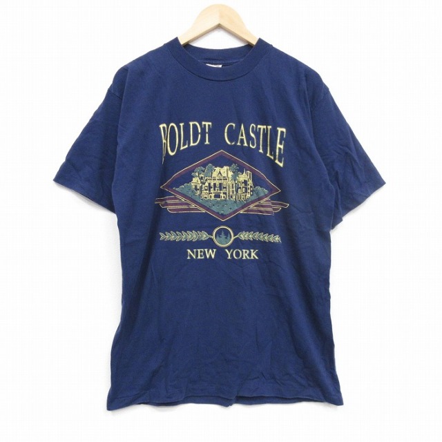 【20%OFF】L★古着 半袖 ビンテージ Tシャツ メンズ 90年代 90s BOLDT コットン クルーネック USA製 紺 ネイビー 25sep12 中古