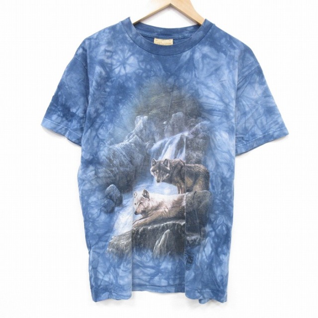 L★古着 THE MOUNTAIN 半袖 ビンテージ Tシャツ メンズ 90年代 90s オオカミ コットン クルーネック 紺他 ネイビー タイダイ 25sep12 中古