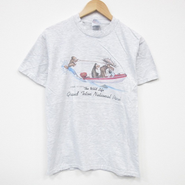 【20%OFF】M★古着 ヘインズ Hanes 半袖 ビンテージ Tシャツ メンズ 90年代 90s シカ ボート コットン クルーネック USA製 薄グレー 霜降り 25sep12 中古