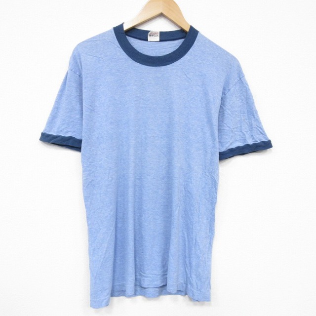 M★古着 ヘインズ Hanes 半袖 ビンテージ Tシャツ メンズ 80年代 80s 無地　コットン クルーネック 薄紺 ネイビー 霜降り リンガー 25sep12 中古