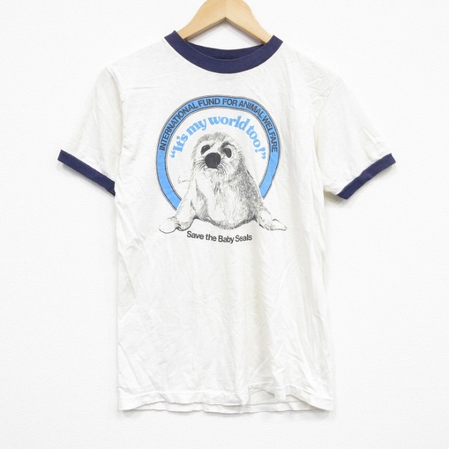 S★古着 半袖 ビンテージ Tシャツ メンズ 80年代 80s アザラシ コットン クルーネック USA製 白 ホワイト 25sep13 中古