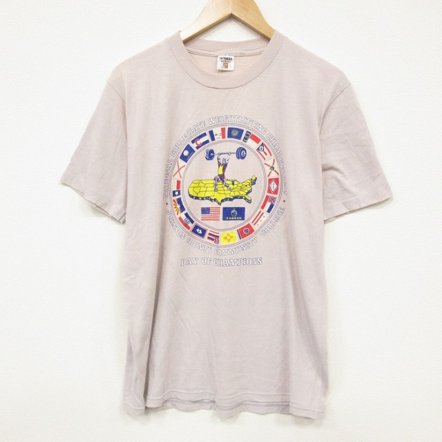 L★古着 半袖 ビンテージ Tシャツ メンズ 80年代 80s 重量挙げ クルーネック USA製 薄ピンク 25sep16 中古