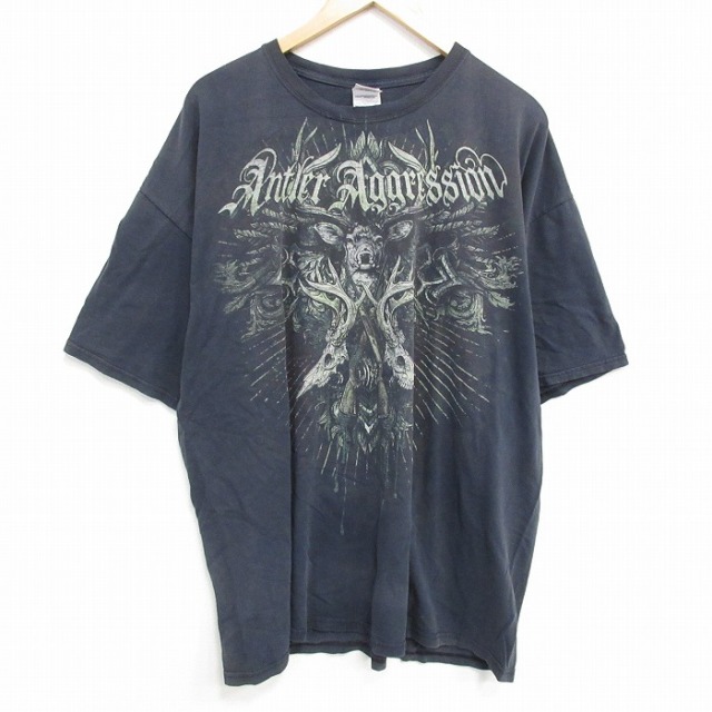 XL★古着 半袖 ビンテージ Tシャツ メンズ 00年代 00s シカ 大きいサイズ コットン クルーネック 黒 ブラック 25sep19 中古