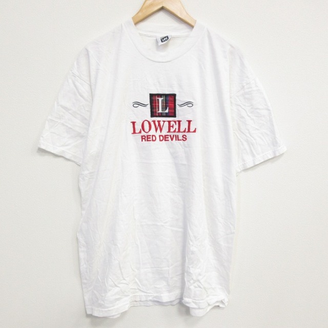 XL★古着 リー Lee 半袖 ビンテージ Tシャツ メンズ 90年代 90s LOWELL 刺繍 大きいサイズ クルーネック USA製 白 ホワイト 25sep19 中古