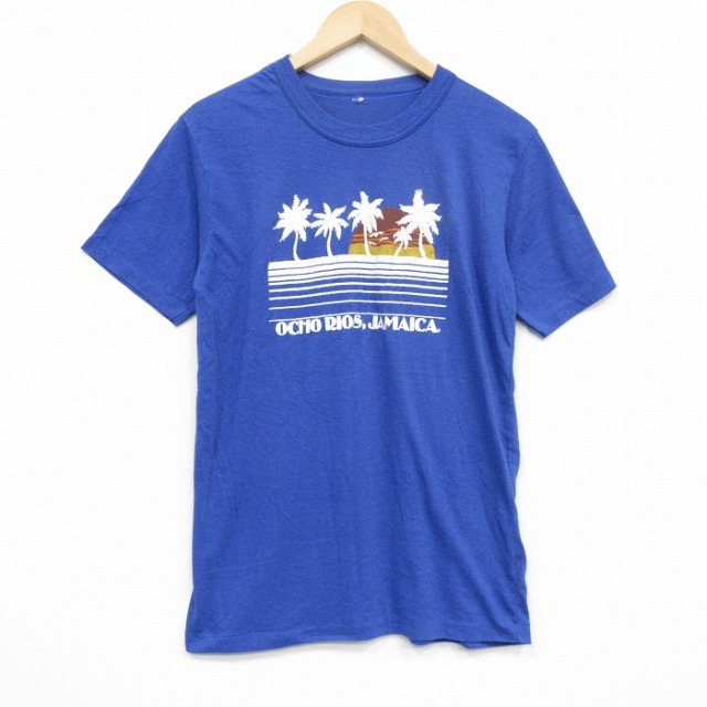 【20%OFF】M★古着 半袖 ビンテージ Tシャツ メンズ 80年代 80s ヤシの木 クルーネック 青 ブルー 25sep19 中古