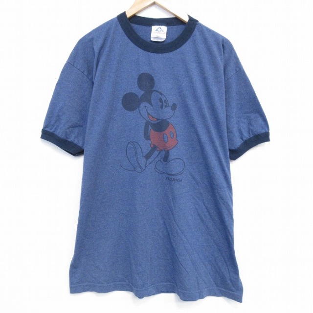 XL★古着 半袖 ビンテージ Tシャツ メンズ 00年代 00s ディズニー DISNEY ミッキー MICKEY MOUSE 大きいサイズ クルーネック 薄紺 ネイビー 霜降り リンガー 【spe】 25sep20 中古