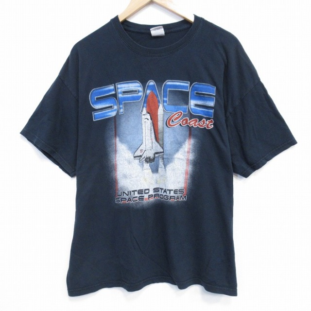 XL★古着 半袖 ビンテージ Tシャツ メンズ 00年代 00s スペースシャトル 大きいサイズ コットン クルーネック 黒 ブラック 25sep20 中古