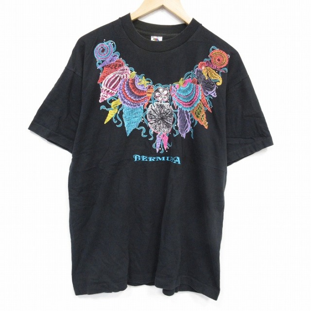 【20%OFF】XL★古着 フルーツオブザルーム 半袖 ビンテージ Tシャツ メンズ 90年代 90s バミューダ 大きいサイズ コットン クルーネック USA製 黒 ブラック 25sep22 中古